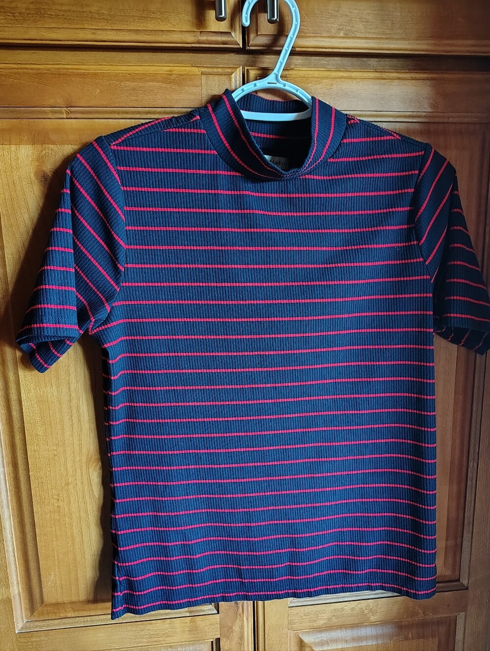 Free Assembly Navy Blue & Red Striped Short-Sleeve Shirt Ladies Large (12/14)